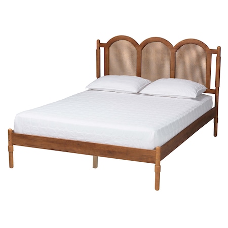 Baxton Studio Thatcher Mid-Century Modern Walnut Brown Finished Wood Queen Size Platform Bed with Woven Rattan 243-13444-ZORO